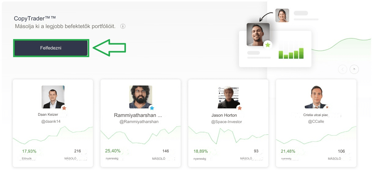 Az eToro CopyTrader felülete a másolható befektetőkkel