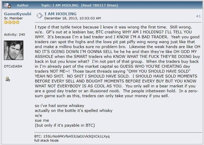 A HODL eredeti posztja a Bitcointalk fórumon, 2013