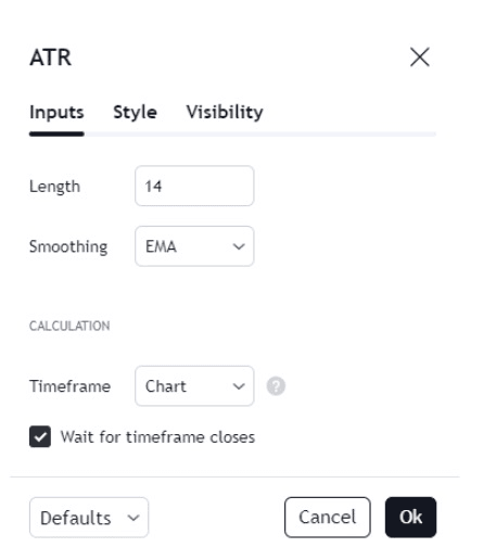 ATR indikátor beállításai a TradingView platformon