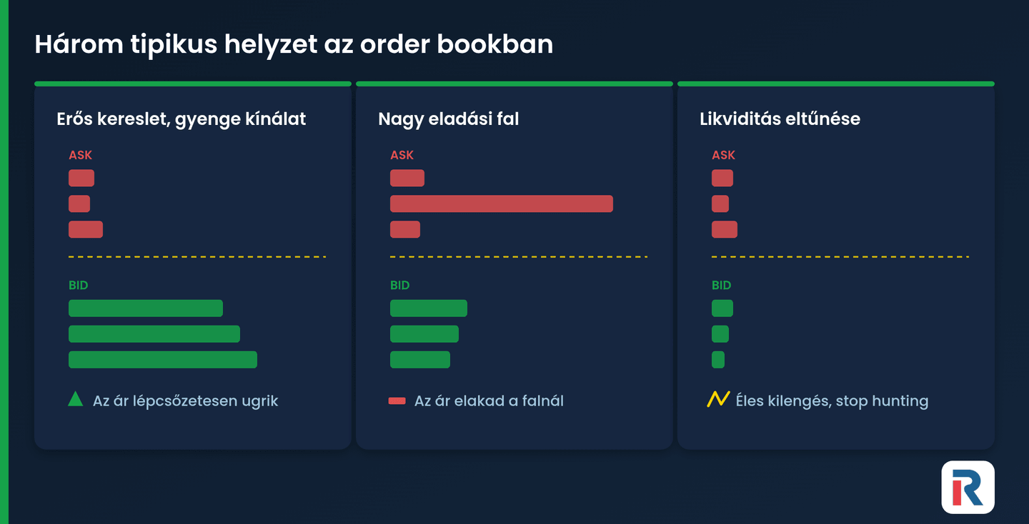 Három tipikus helyzet az order bookban: erős kereslet, nagy eladási fal és a likviditás eltűnése