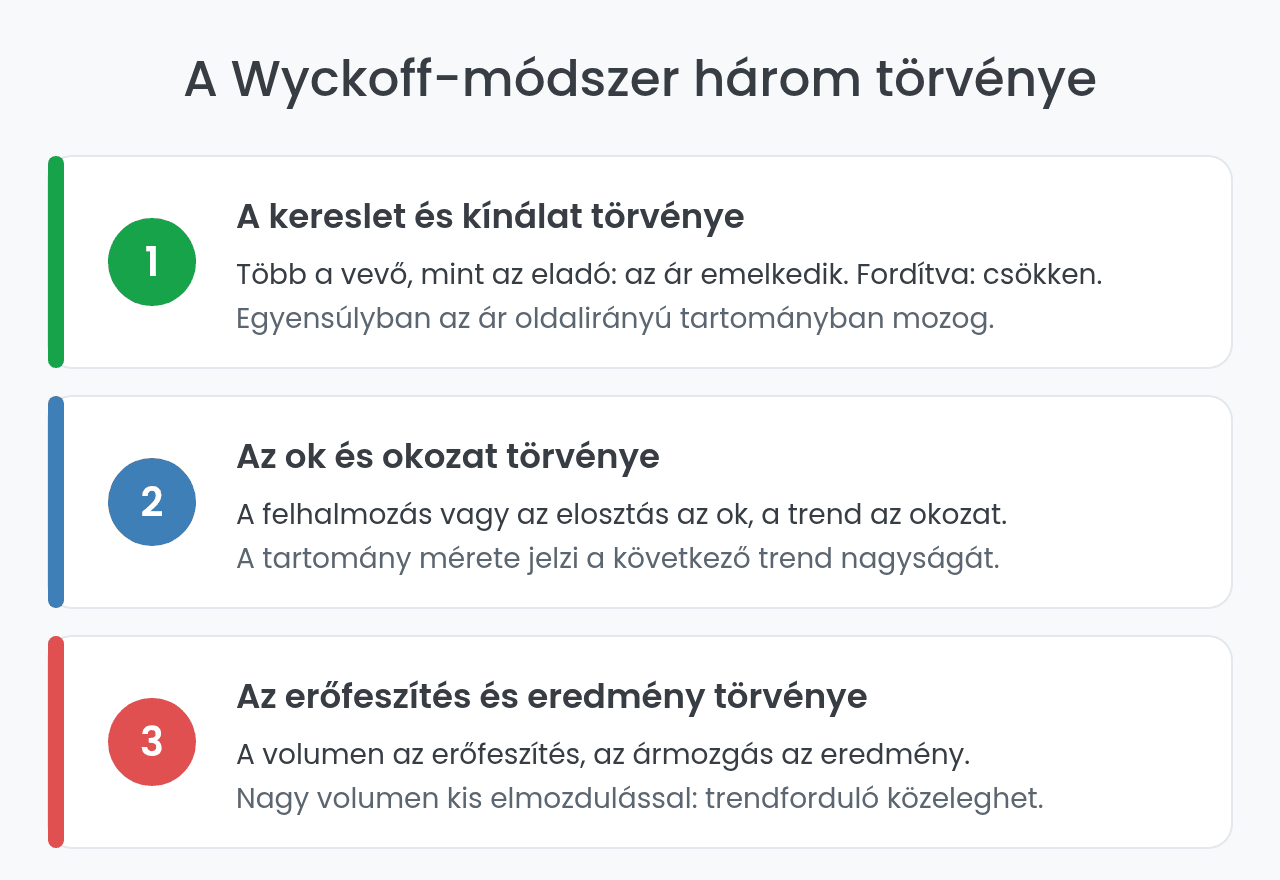 A Wyckoff-módszer három törvénye áttekintő ábrán