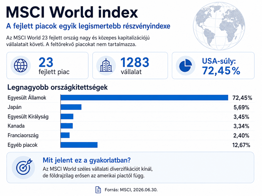 Az MSCI World 23 fejlett ország nagy és közepes kapitalizációjú vállalatait követi. Az index széles vállalati diverzifikációt kínál, ugyanakkor az Egyesült Államok több mint 72%-os súlya miatt erősen függ az amerikai részvénypiac teljesítményétől. Forrás: MSCI, 2026. június 30.