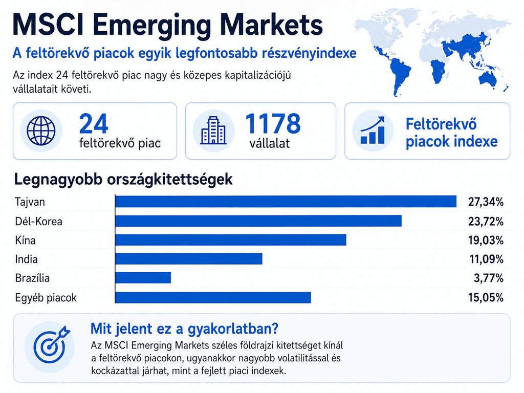 MSCI Emerging Markets infografika: 24 feltörekvő piac, 1178 vállalat, a legnagyobb országkitettségek Tajvan (27,34%), Dél-Korea (23,72%), Kína (19,03%), India (11,09%), Brazília (3,77%) és egyéb piacok (15,05%).
