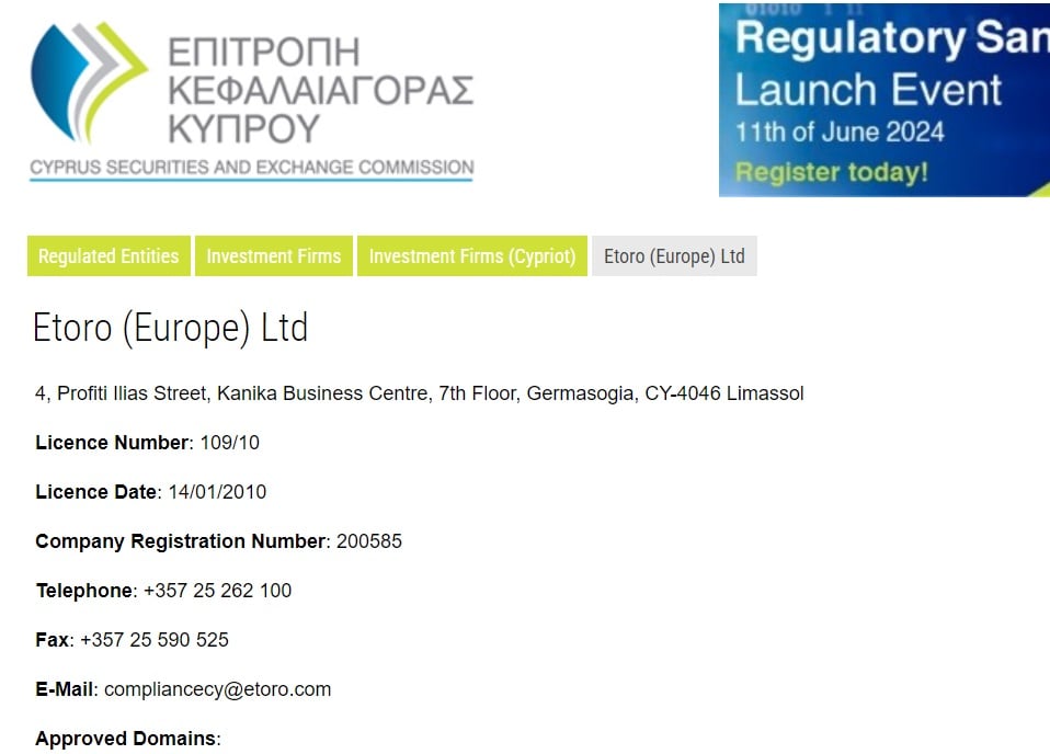 CySEC szabályozói oldal képernyőképe, amely az eToro Europe Ltd. ciprusi befektetési vállalkozás engedélyadatait mutatja, köztük a 109/10-es licencszámot.