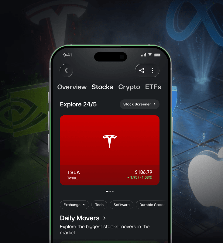 eToro mobilalkalmazás képernyőképe részvénykereső felülettel, Tesla-részvény kártyával és technológiai vállalatok logóival a háttérben.