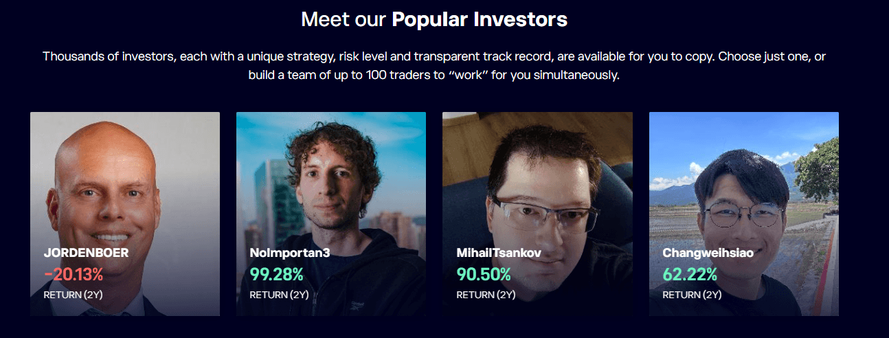 eToro CopyTrader oldal képernyőképe, amely népszerű befektetők profilkártyáit, kétéves hozamaikat és másolható befektetési stratégiáikat mutatja.