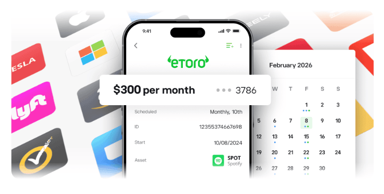 eToro Recurring Investments funkciót bemutató kép, amely havi 300 dolláros automatikus befektetési beállítást, naptárnézetet és különböző részvénylogókat jelenít meg.