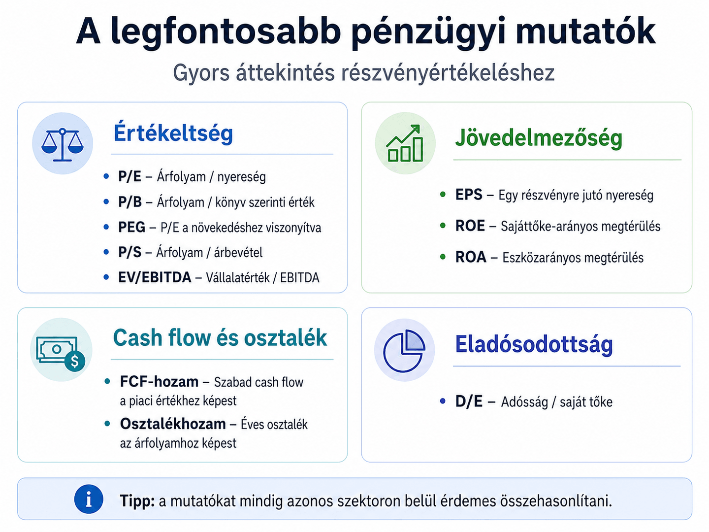Infografika a legfontosabb pénzügyi mutatókról: értékeltségi, jövedelmezőségi, cash flow-, osztalék- és eladósodottsági mutatók csoportosítva.