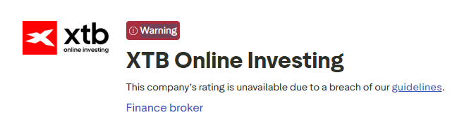 XTB Online Investing profil figyelmeztetéssel egy értékelő platformon