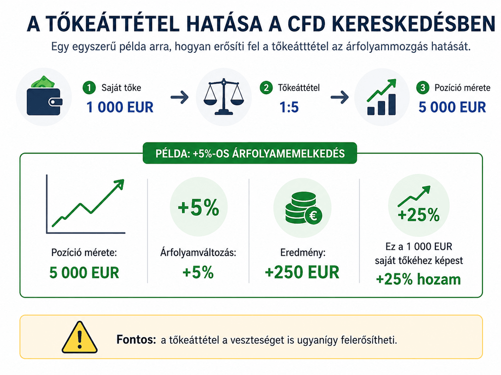Példa arra, hogyan erősíti fel a tőkeáttétel a CFD-kereskedés nyereségét és veszteségét.