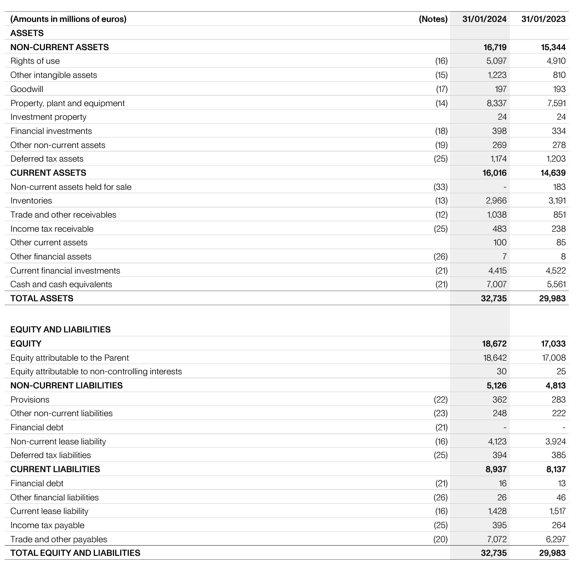 Inditex Mérlegkimutatás