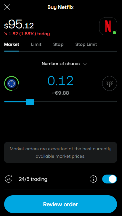 Trading 212 mobilalkalmazás – Netflix törtrészvény vásárlása piaci megbízással, 24/5 kereskedés