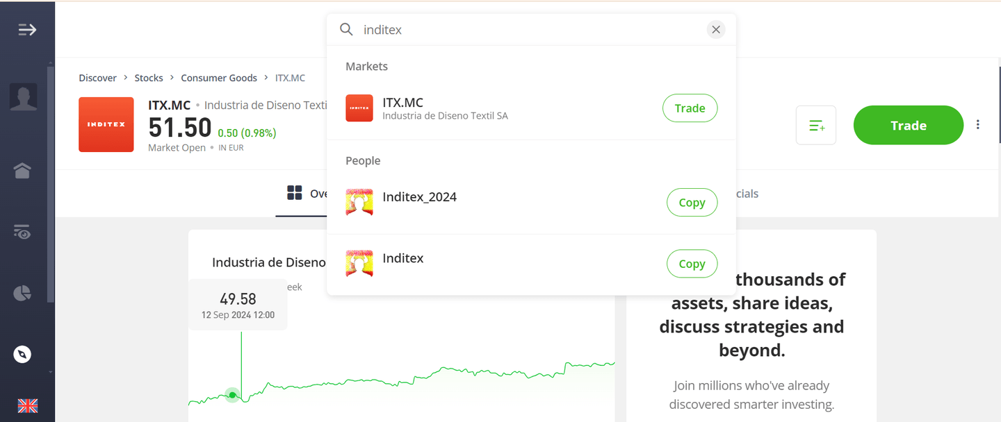 Inditex-részvények keresése az eTorón.