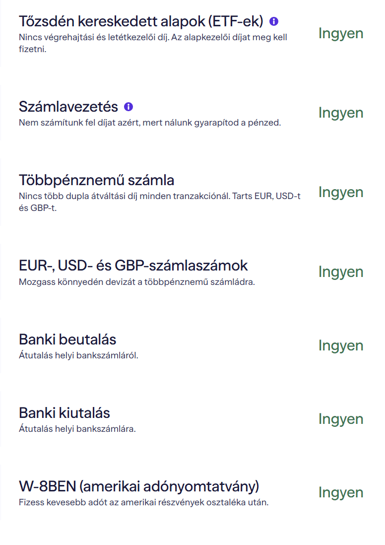 Lightyear díjmentes funkciók listája – ETF, számlavezetés, többpénznemű számla, banki utalás és W-8BEN