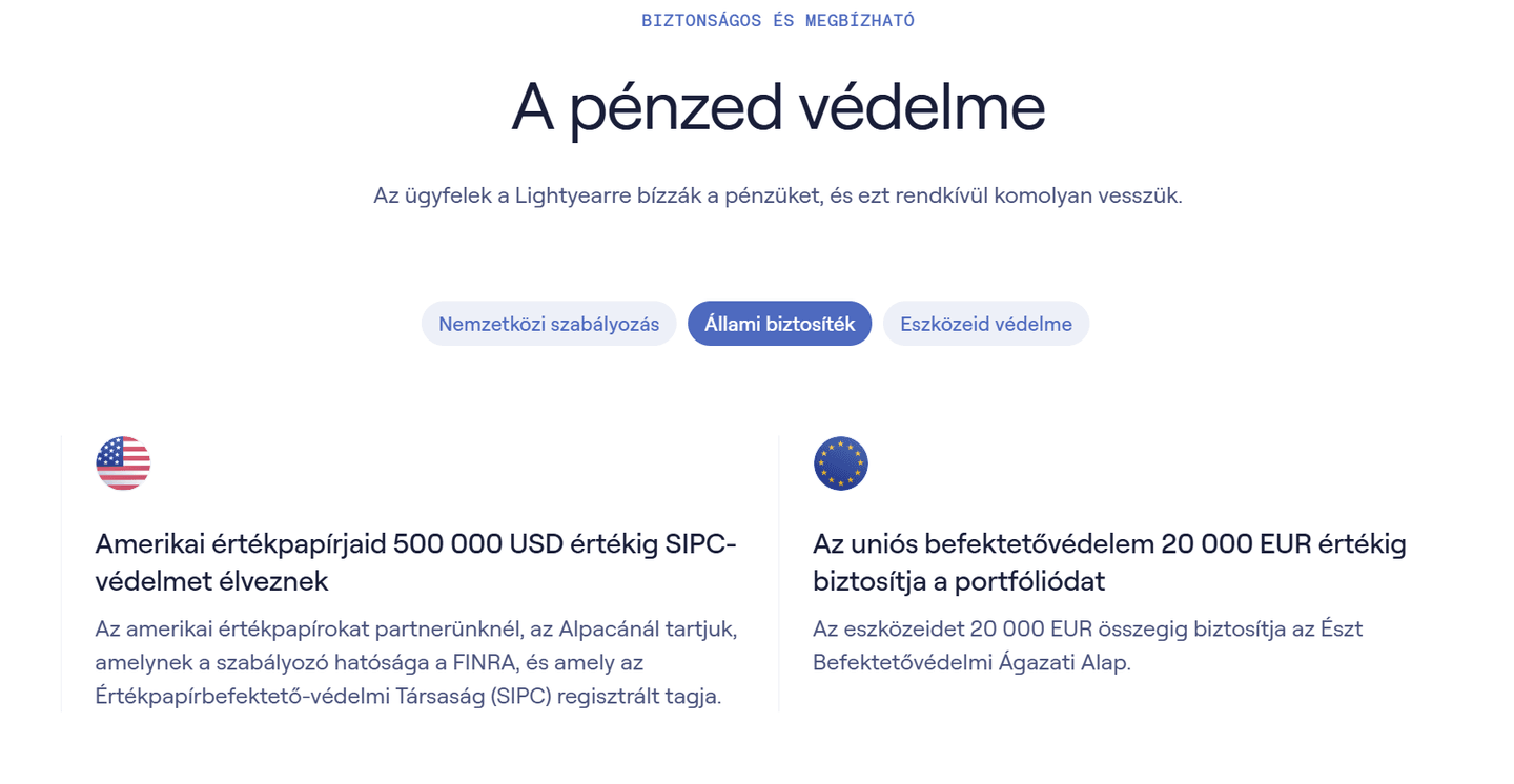 A pénzed védelme – Lightyear platform biztonsági oldala: SIPC-védelem 500 000 USD értékig amerikai értékpapírokra és uniós befektetővédelem 20 000 EUR értékig