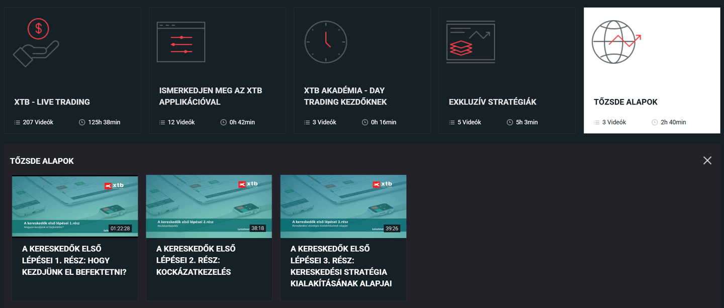 XTB oktatási platform felülete, ahol különböző befektetési és kereskedési tananyagok és videók érhetők el kezdőknek