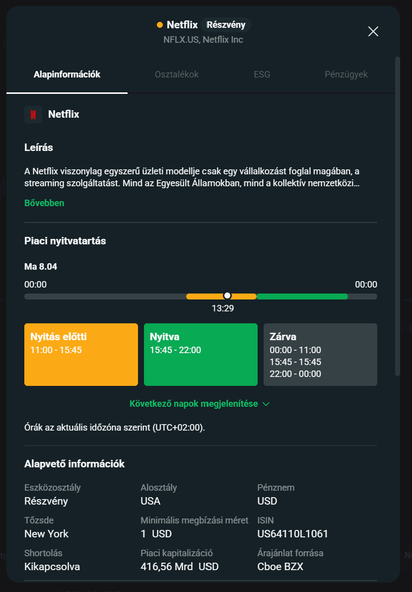 XTB xStation felület Netflix részvény adatlapjával, piaci nyitvatartási időkkel és alapvető részvényadatokkal