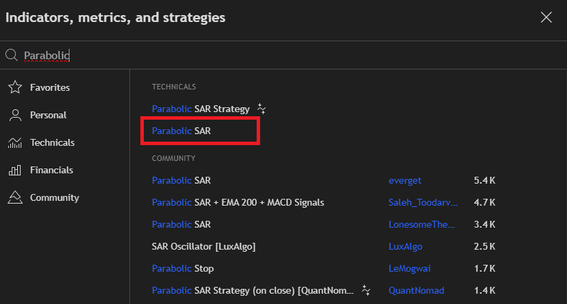 Válasszuk a "Parabolic SAR" lehetőséget a Tradingview-n