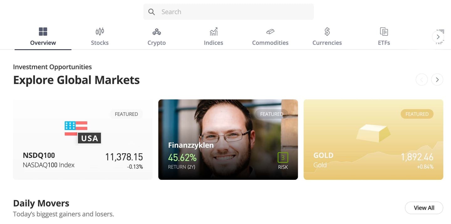Az eToro platform kinézete