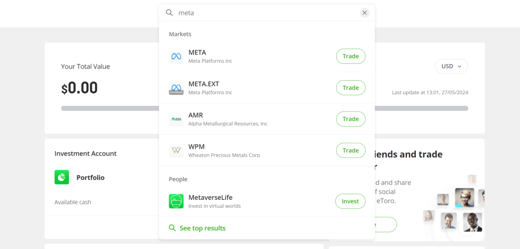 3. lépés: Keress rá a Meta-részvényekre a META tickerrel!