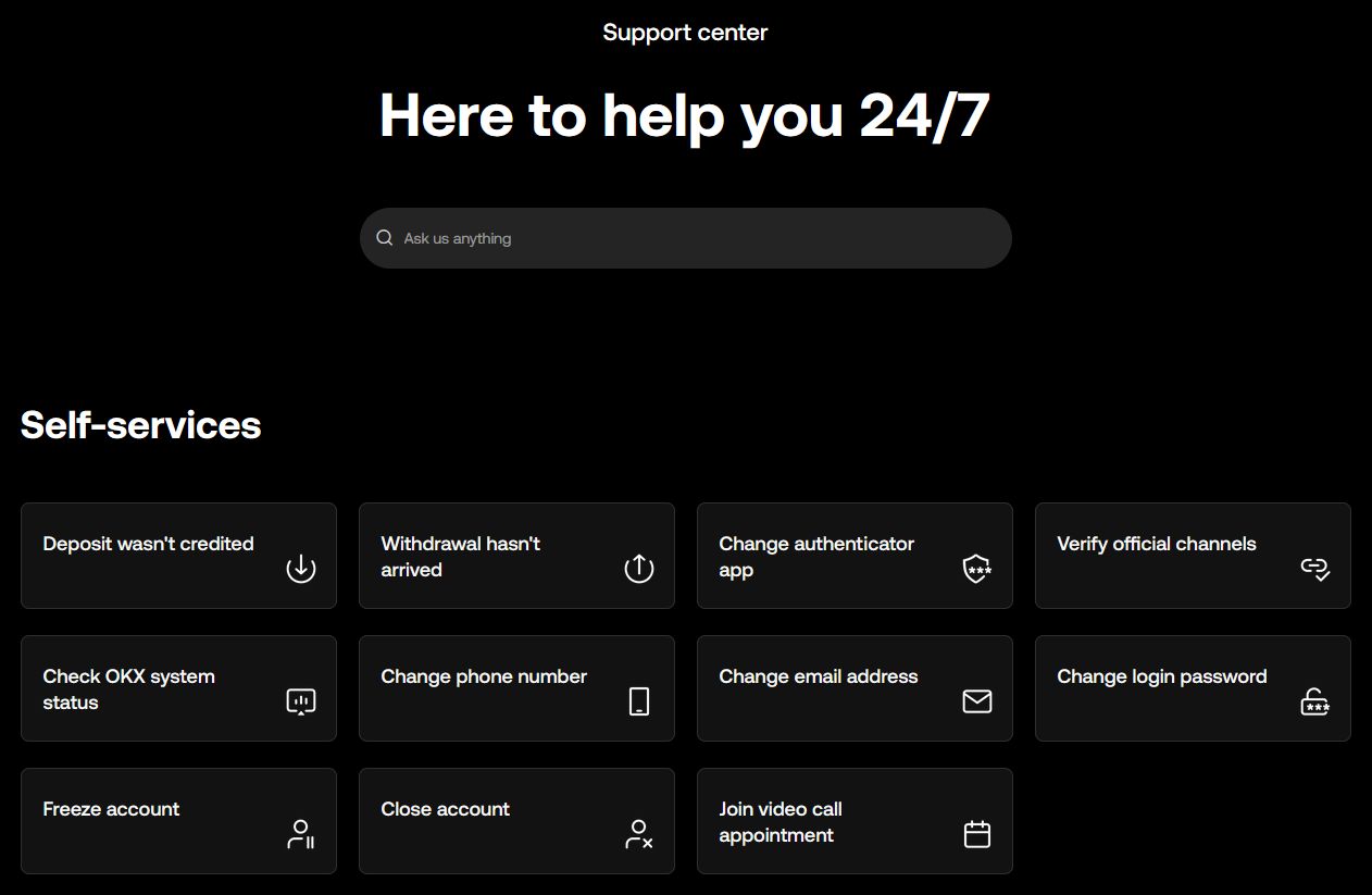 Az OKX ügyféltámogatási oldala