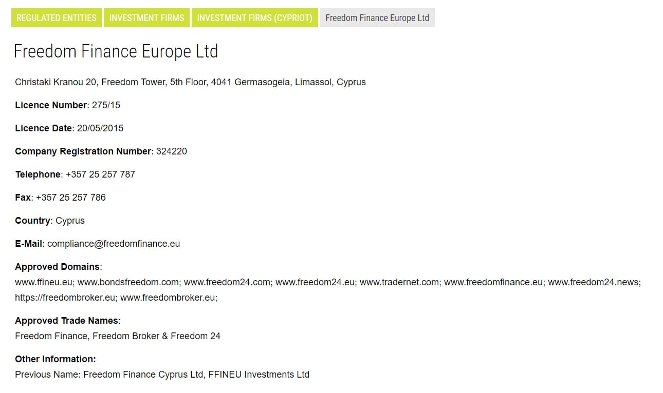 A Freedom24-et a CySEC szabályozza