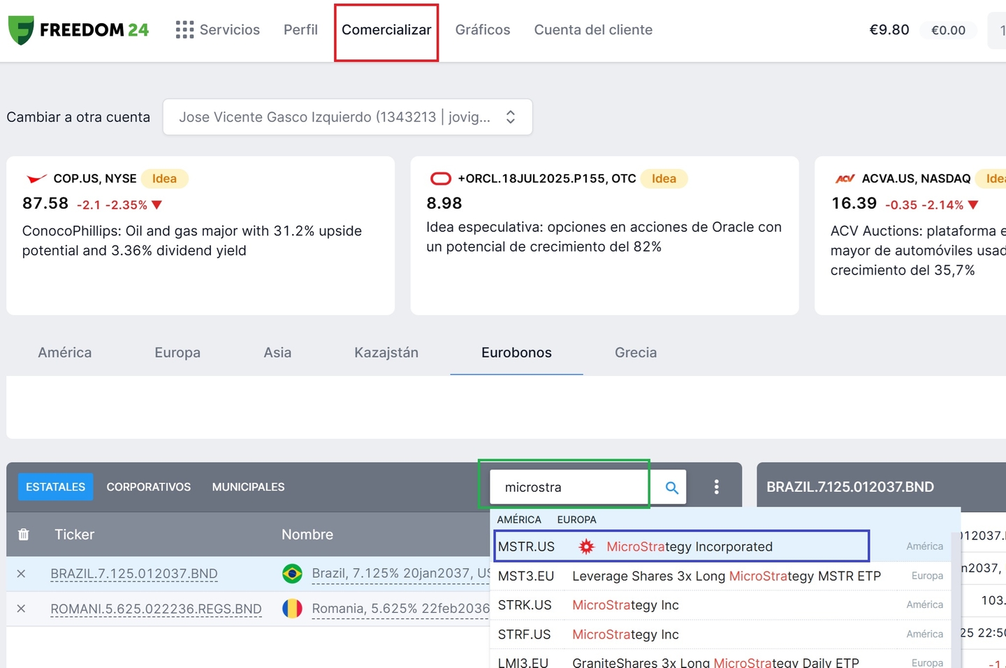 1. lépés: A MicroStrategy részvény kikeresése a brókernél