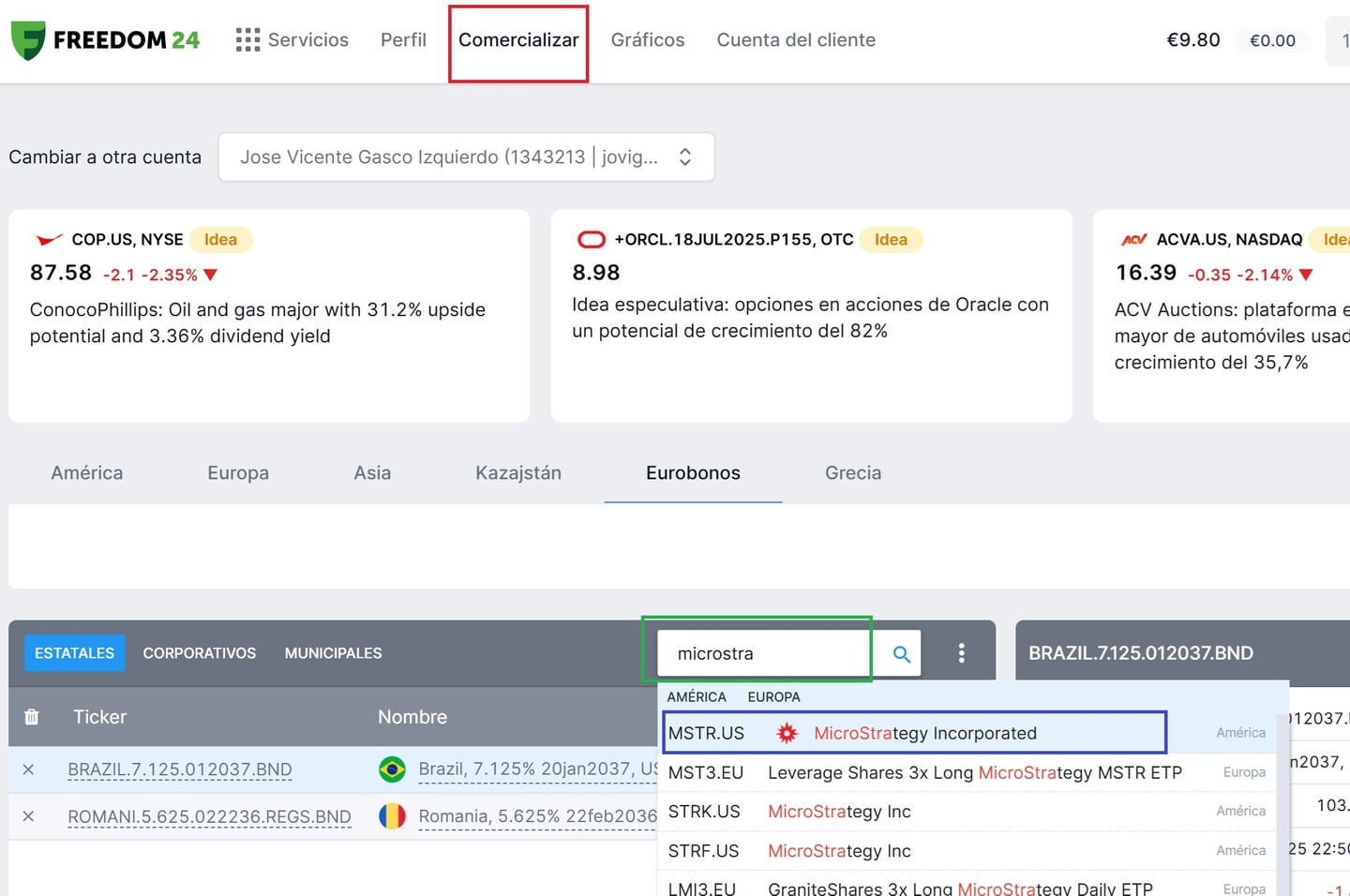 1. lépés: A MicroStrategy részvény kikeresése a brókernél