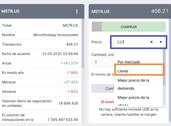 3. lépés: A MicroStrategy részvényekre vonatkozó vételi megbízás beállítása