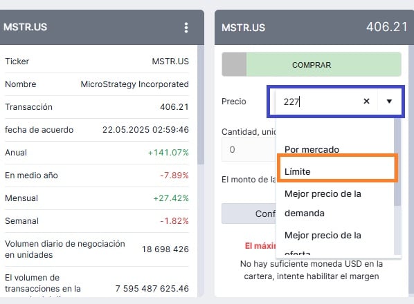 3. lépés: A MicroStrategy részvényekre vonatkozó vételi megbízás beállítása