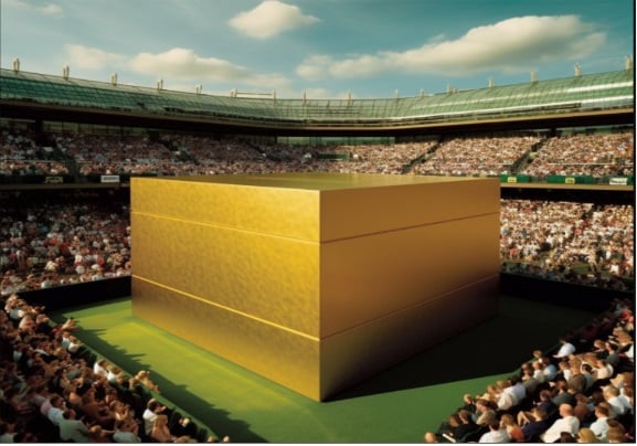 Az emberiség története során kitermelt arany mennyiségének szemléltetése