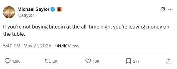 Michael Saylor tweetje, miután a Bitcoin visszaerősödött 100.000 dollárra