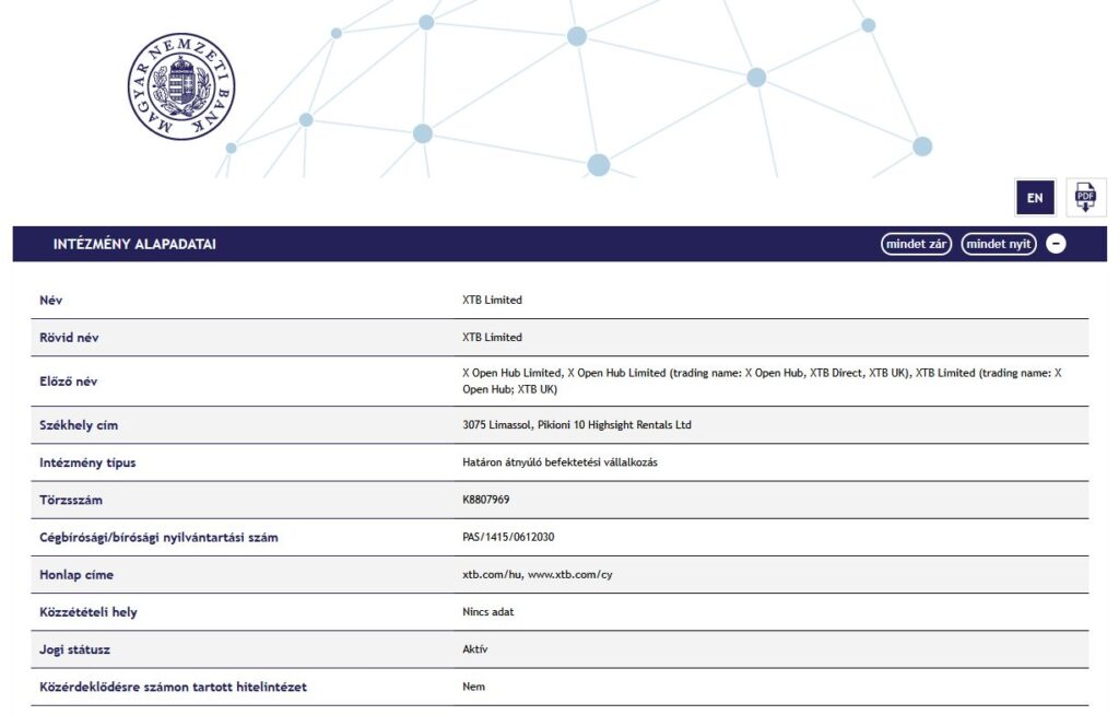 Az XTB az MNB Intézménykeresőjében