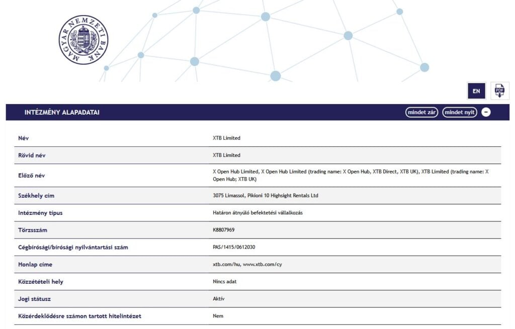 Az XTB az MNB Intézménykeresőjében