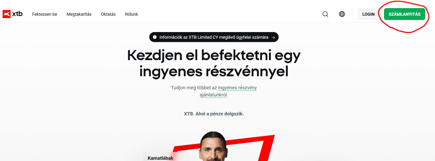 Számlanyitás az XTB-nél: Kattints a "Számlanyitás" gombra