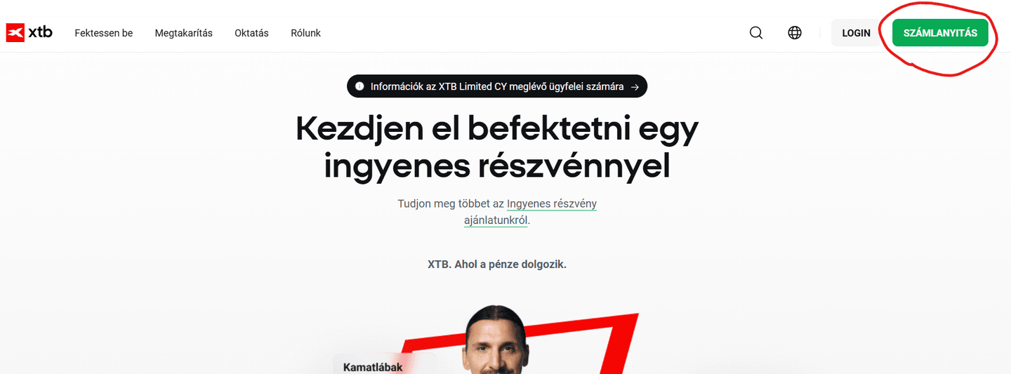 Számlanyitás az XTB-nél: Kattints a "Számlanyitás" gombra