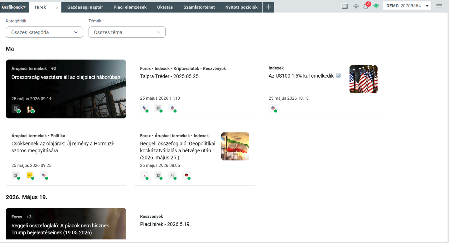 XTB valós idejű hírek screenshot