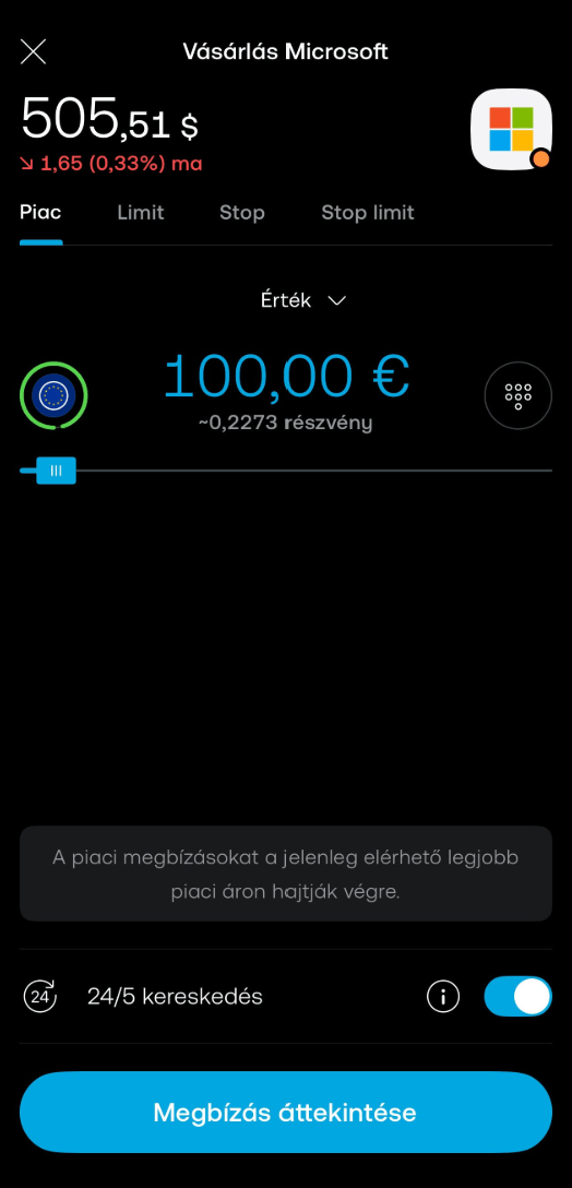 vételi megbízás leadása