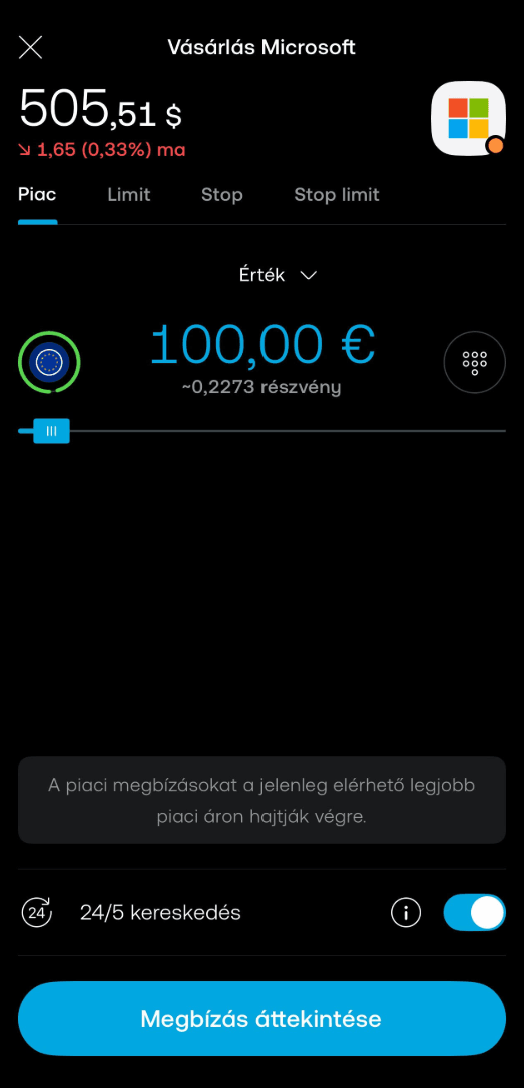 vételi megbízás leadása