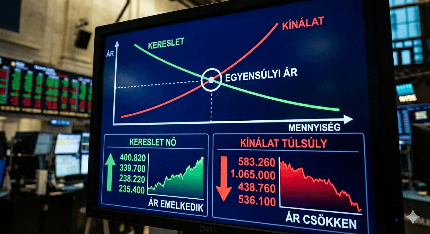 Infografika monitoron: Kereslet és kínálat diagram az egyensúlyi árral, alatta panelek a növekvő kereslet (ár emelkedik) és a kínálati túlsúly (ár csökken) hatásáról, tőzsdei háttérrel.