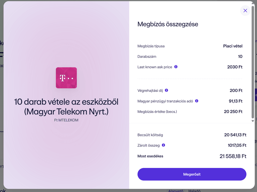 Magyar Telekom részvény vásárlás a Lightyear platformon – piaci megbízás összegzése