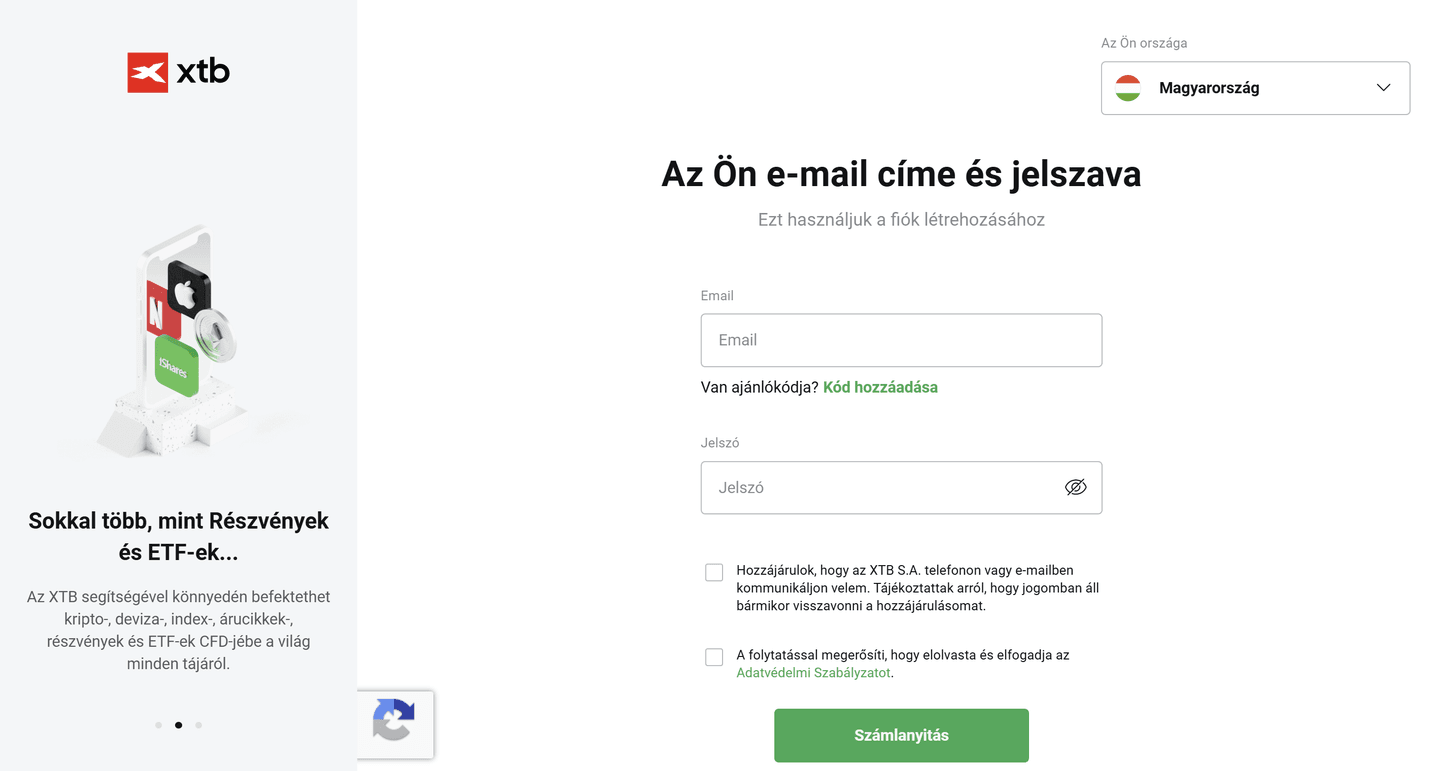 XTB számlanyitási oldal, ahol az e-mail cím és jelszó megadásával lehet fiókot létrehozni