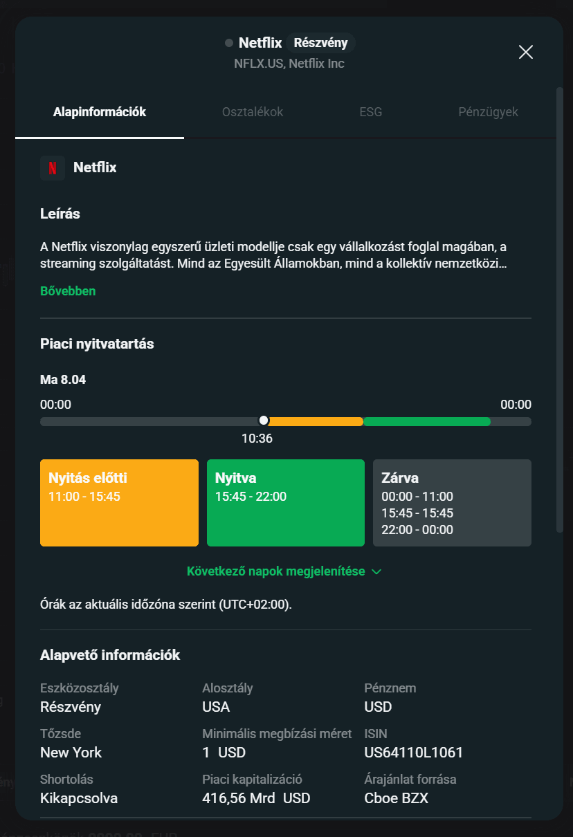 XTB xStation felület Netflix részvény adatlapjával, amely tartalmazza a piaci nyitvatartást és az alapvető részvényinformációkat amelyek szükségesek részvényvásárláshoz.