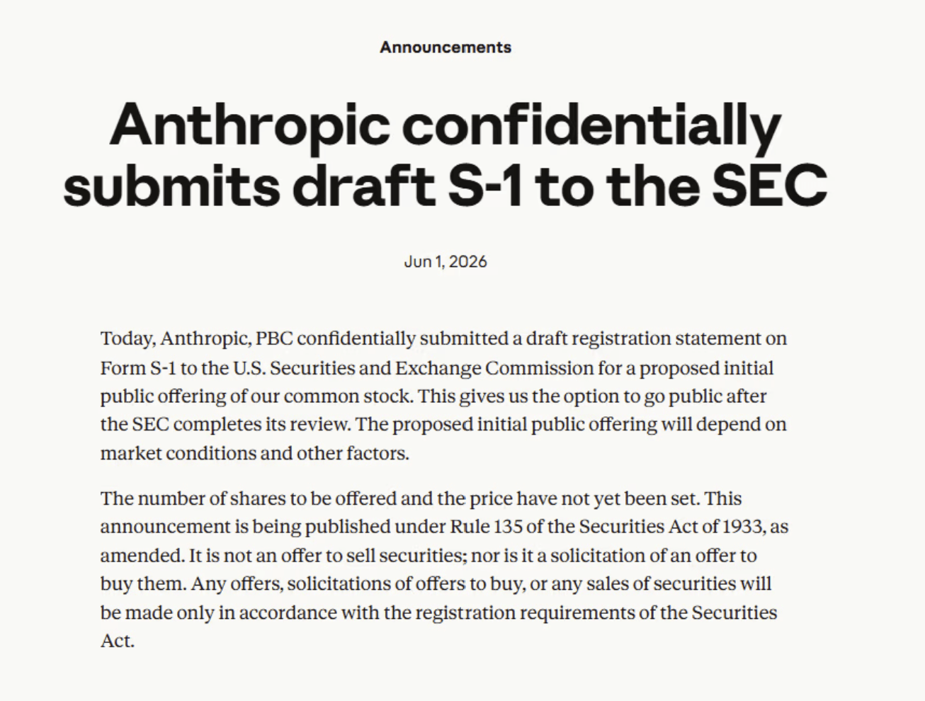 Anthropic bejelentés a SEC-hez bizalmasan benyújtott S-1 tervezetről a lehetséges IPO előkészítéseként
