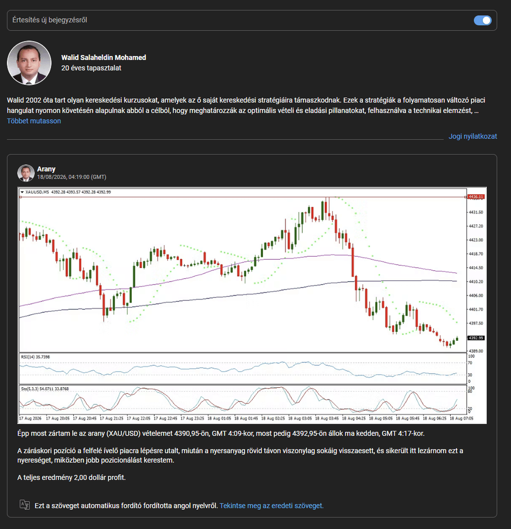 iFOREX Europe Trading Expert felület arany CFD technikai elemzéssel, RSI és Stochastic indikátorokkal, valamint szakértői kereskedési bejegyzéssel.