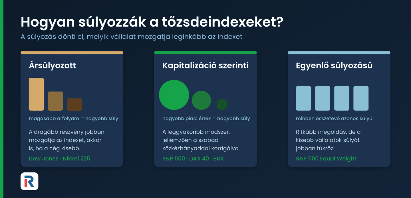 A tőzsdeindexek három súlyozási módszere: ársúlyozott, kapitalizáció szerinti és egyenlő súlyozású